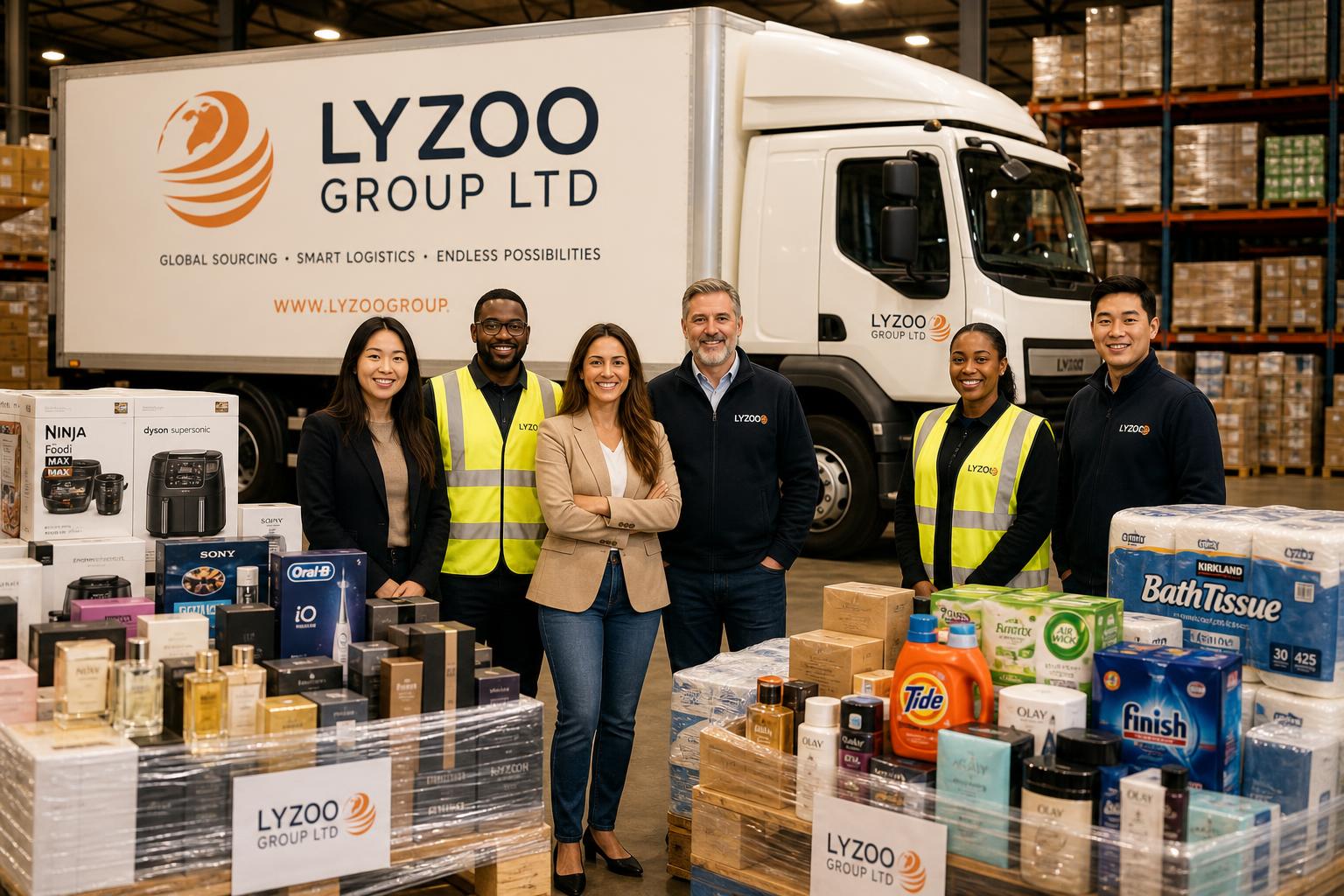 The Lyzoo Group team with branded distribution truck and pallets of partner products